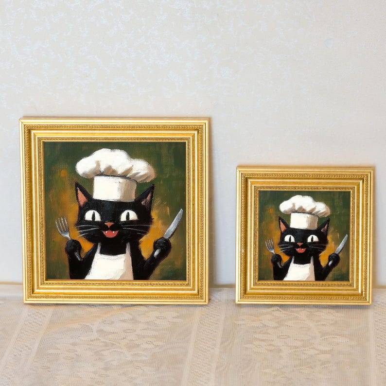 Mini Hell Chef Cat Oil Painting in Gold Frame: Whimsical Kitchen Art