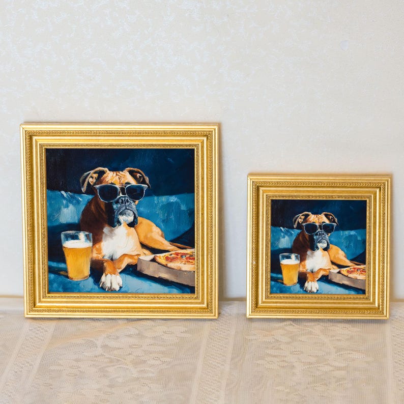 Mini Boxer Dog Oil Painting in Gold Frame: Hand-Painted Puppy Art