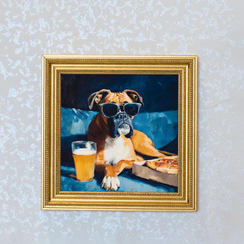 Mini Boxer Dog Oil Painting in Gold Frame: Hand-Painted Puppy Art
