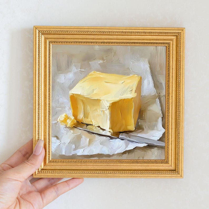 Small Irish Butter Oil Painting in Gold Frame, Still Life Art Gift for Wall Decor Lover, Original Painting for French Kitchen and Bar Decor