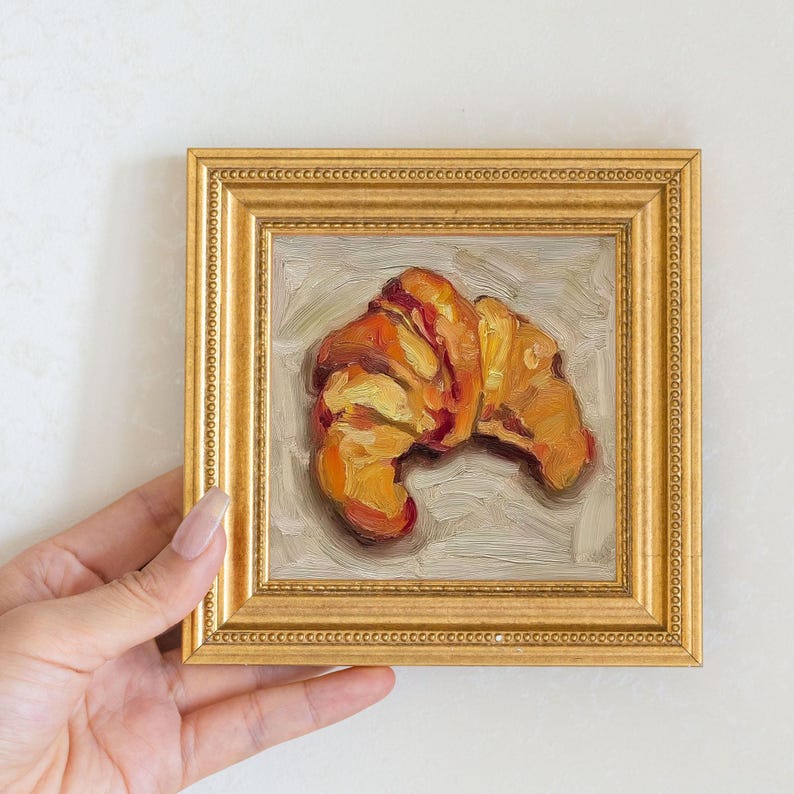 Mini Croissant Oil Painting in Gold Frame | Small French Bakery Wall Art for Kitchen & Cafe | Still Life Art Gift for Wall Art Decor Lover