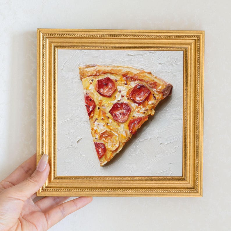 Mini Pepperoni Pizza Slice Oil Painting in Gold Frame | Small Kitchen Wall Art for Chefs & Pizza Lovers Gift| Still Life Painting Bar Decor