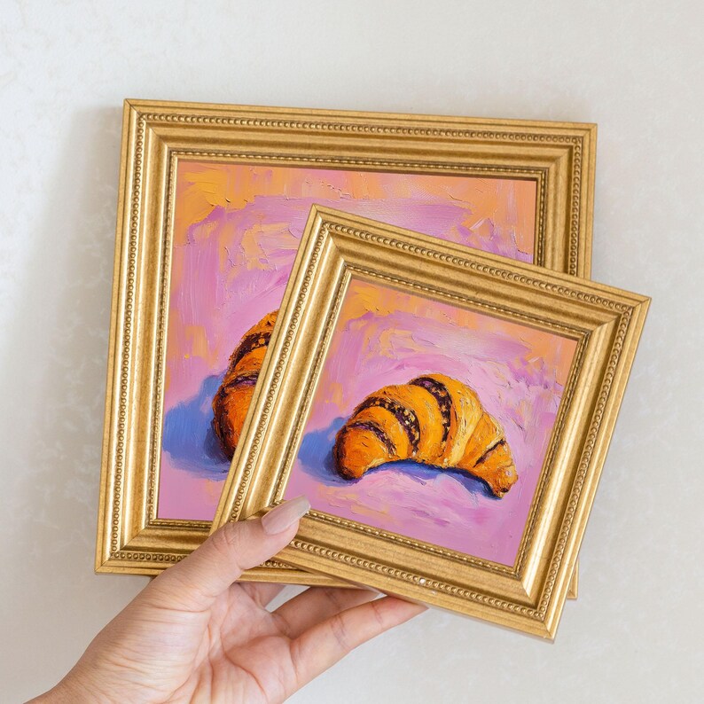 Mini Croissant Oil Painting in Gold Frame | Small French Bakery Wall Art for Kitchen & Cafe | Still Life Art Gift for Wall Art Decor Lover