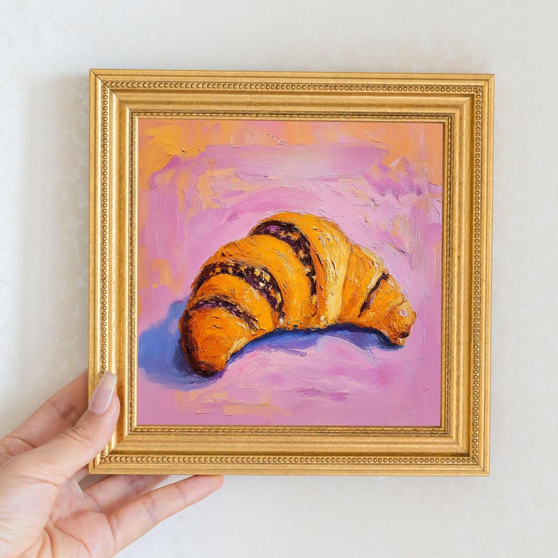 Mini Croissant Oil Painting in Gold Frame | Small French Bakery Wall Art for Kitchen & Cafe | Still Life Art Gift for Wall Art Decor Lover
