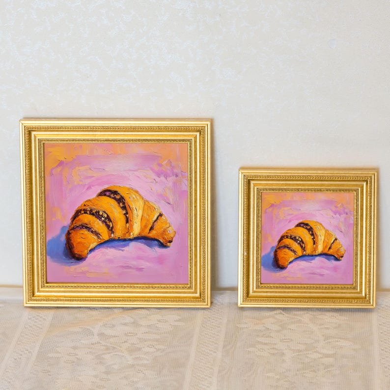 Mini Croissant Oil Painting in Gold Frame | Small French Bakery Wall Art for Kitchen & Cafe | Still Life Art Gift for Wall Art Decor Lover