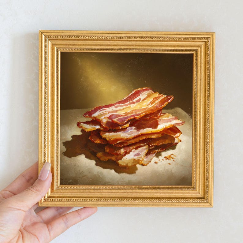 Small Crispy Bacon Oil Painting in Gold Frame, Still Life Art Gift for Wall Decor Lover, Original Painting for French Kitchen and Bar Decor