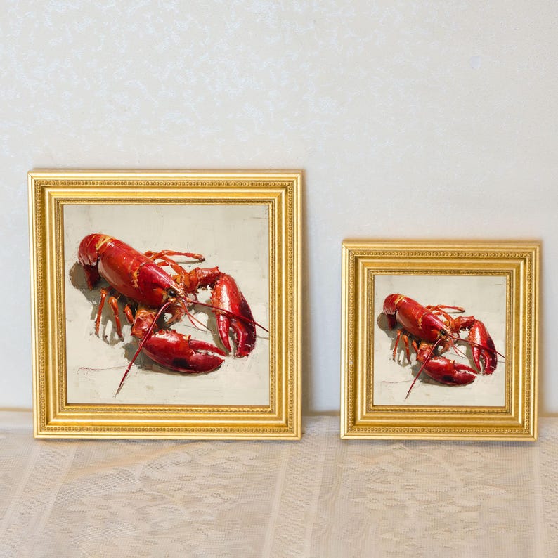 Mini Lobster Oil Painting in Gold Frame, Still Life Art Gift for Wall Decor Lover and Foodie, Original Painting for Coastal Kitchen Decor