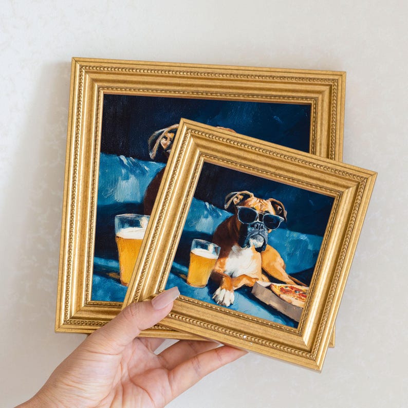 Mini Boxer Dog Oil Painting in Gold Frame: Hand-Painted Puppy Art