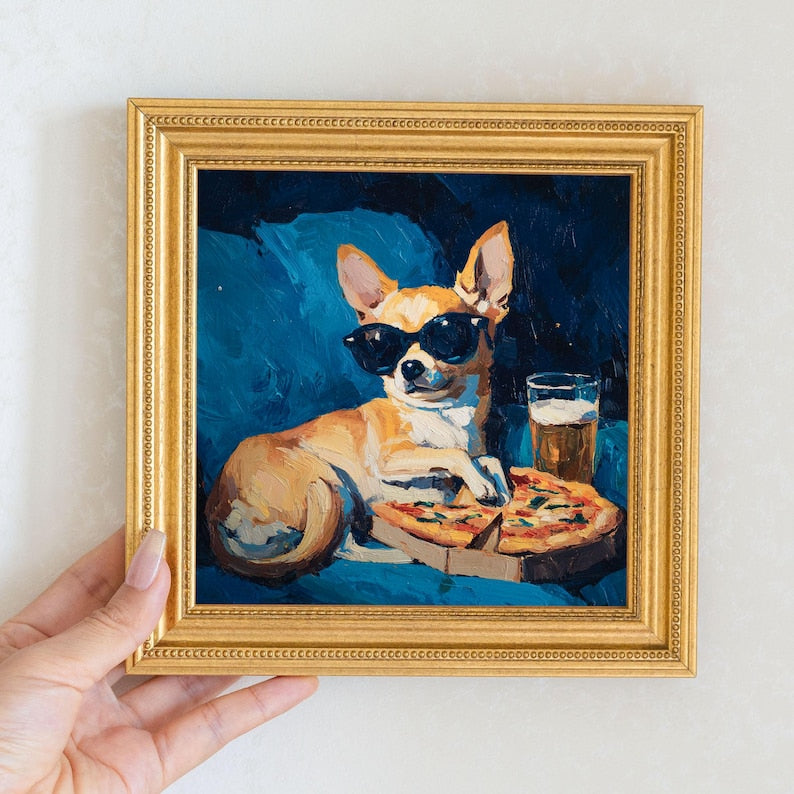 Mini Chihuahua Dog Oil Painting in Gold Frame, Hand-Painted Puppy Wall Art for Home, Office, Bar & Gift for Dog Lovers and Pet Lovers