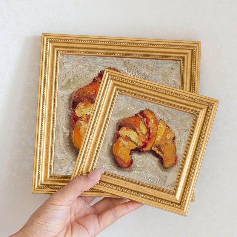 Mini Croissant Oil Painting in Gold Frame | Small French Bakery Wall Art for Kitchen & Cafe | Still Life Art Gift for Wall Art Decor Lover