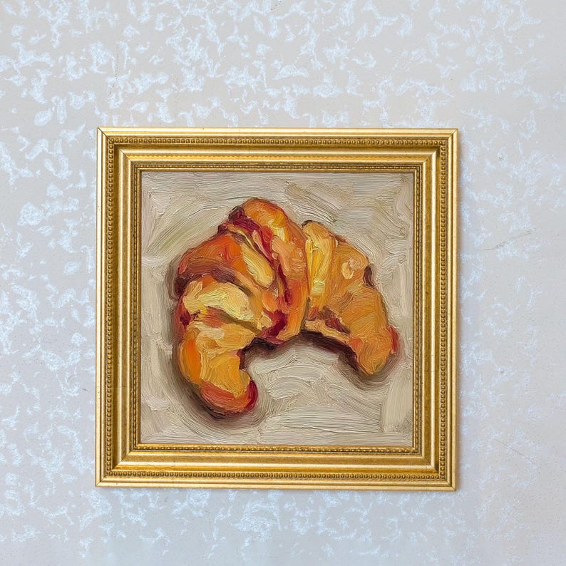 Mini Croissant Oil Painting in Gold Frame | Small French Bakery Wall Art for Kitchen & Cafe | Still Life Art Gift for Wall Art Decor Lover