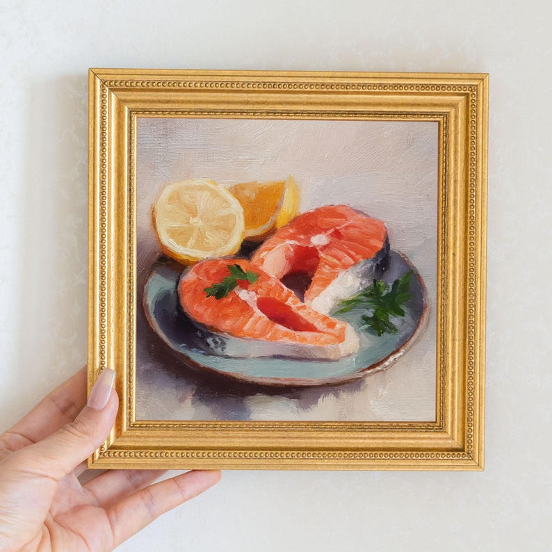Mini Salmon Steak Oil Painting in Gold Frame: Seafood Kitchen Art