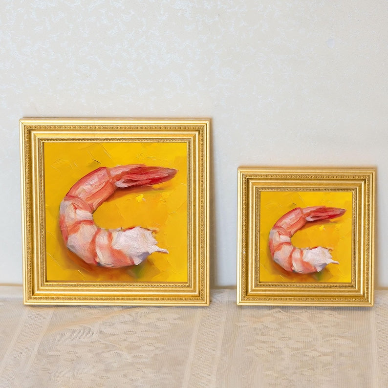 Mini Shrimp Oil Painting in Gold Frame: Seafood Kitchen Art