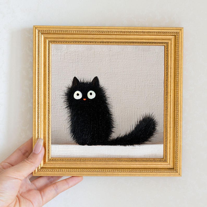 Mini Black Cat Oil Painting: Gold Frame, Quirky Cat Lover Gift