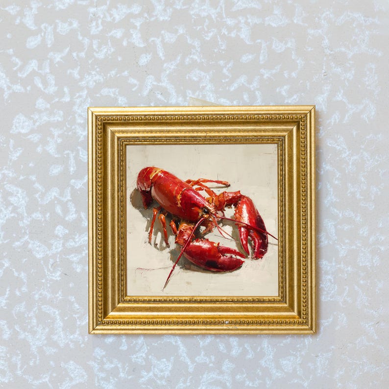 Mini Lobster Oil Painting in Gold Frame, Still Life Art Gift for Wall Decor Lover and Foodie, Original Painting for Coastal Kitchen Decor