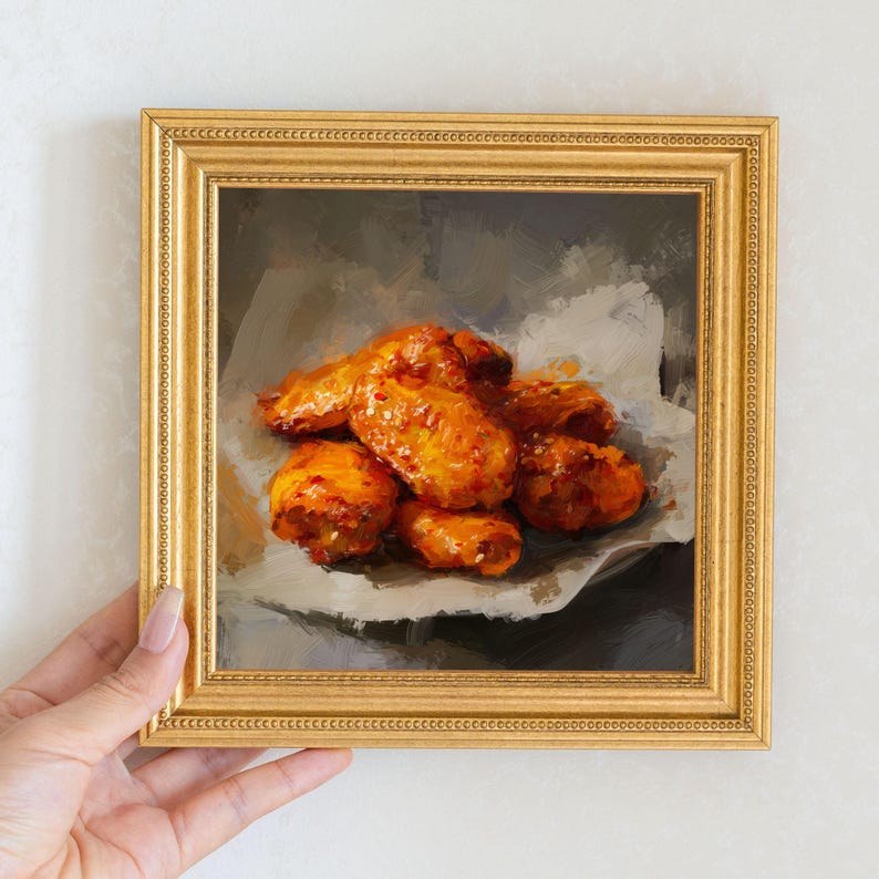 Fried Chicken Wing Oil Painting in Gold Frame, Still Life Art Gift for Wall Decor Lover and Foodie, Original Painting for Kitchen Decor