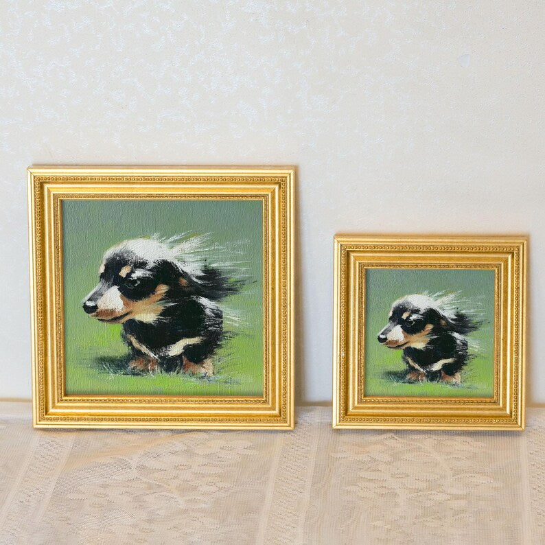 Mini Dachshund Oil Painting in Gold Frame: Hand-Painted Puppy Art