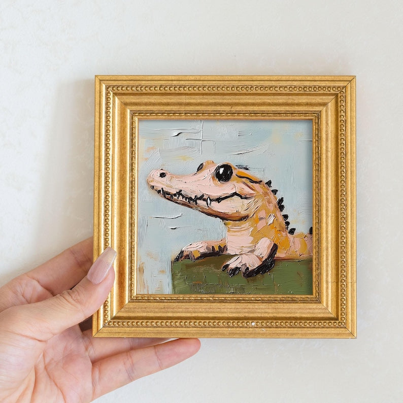 Mini Crocodile Oil Painting in Gold Frame: Hand-Painted Nursery Wall Art