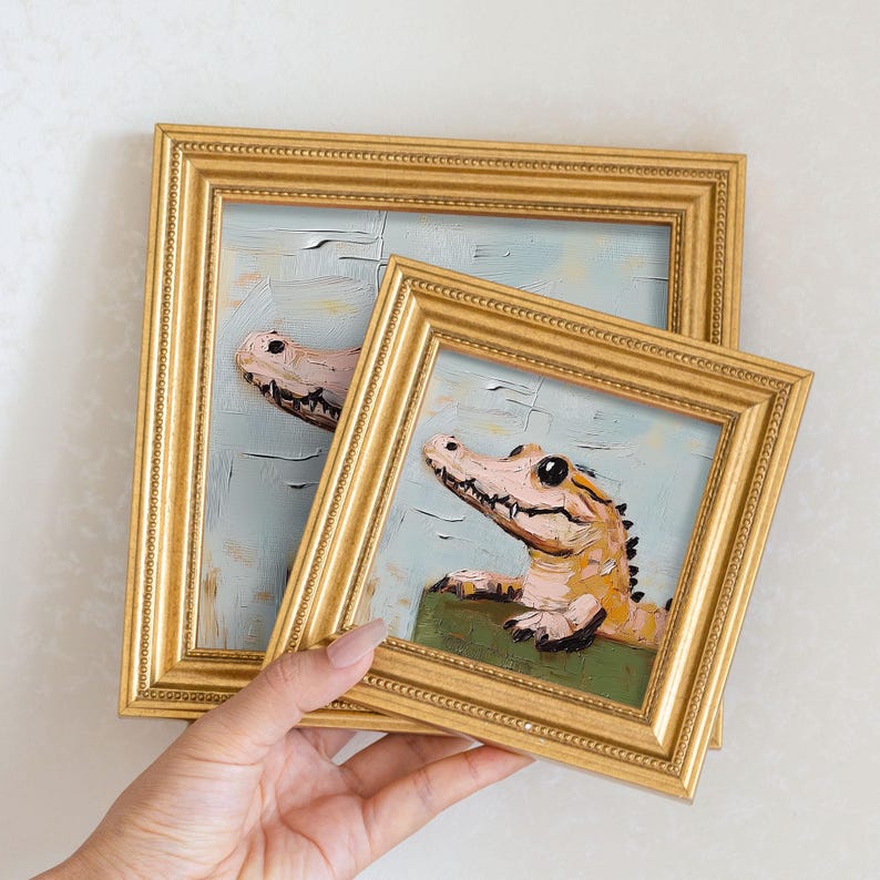 Mini Crocodile Oil Painting in Gold Frame: Hand-Painted Nursery Wall Art