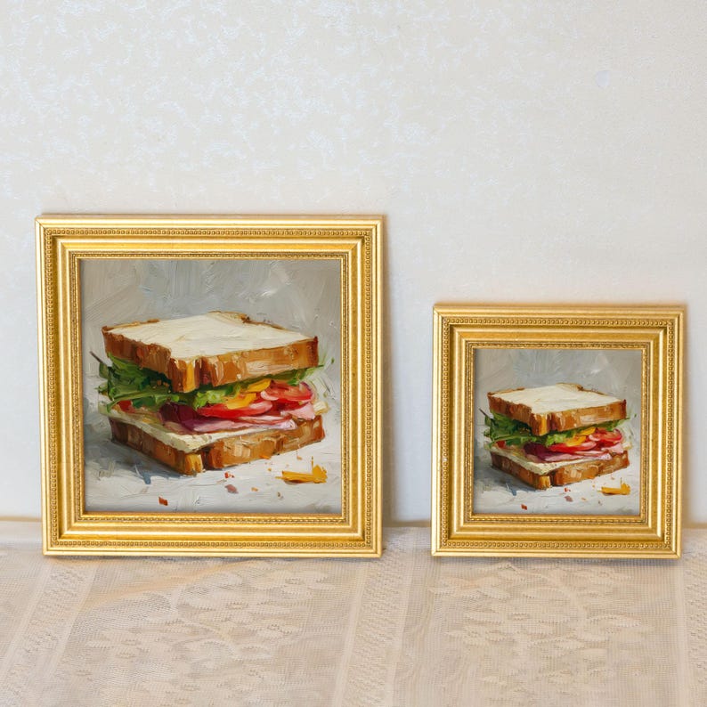 Mini Sandwich Oil Painting in Gold Frame | Small French Bakery Wall Art for Kitchen & Cafe | Still Life Art Gift for Wall Art Decor Lover