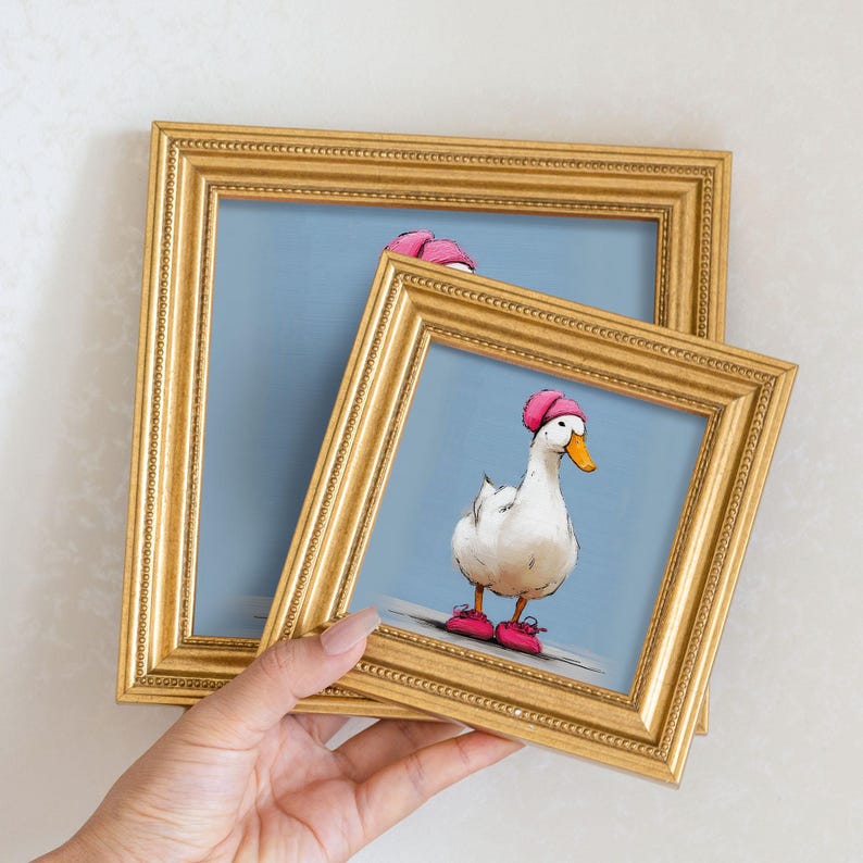 Mini Goose Oil Painting in Gold Frame: Hand-Painted Nursery Wall Art