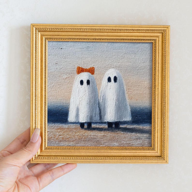 Hand-Painted Oil Painting of Couple Ghosts , Mini Spooky Wall Art, Halloween Home Decor, Gift for Couples, Whimsical Miniature Gold Frame