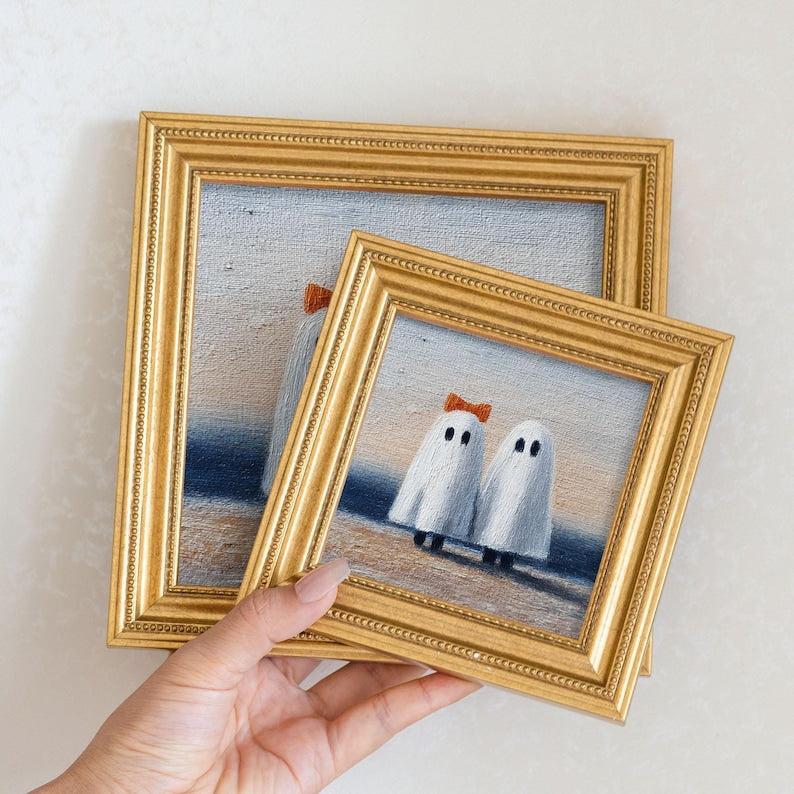 Hand-Painted Oil Painting of Couple Ghosts , Mini Spooky Wall Art, Halloween Home Decor, Gift for Couples, Whimsical Miniature Gold Frame