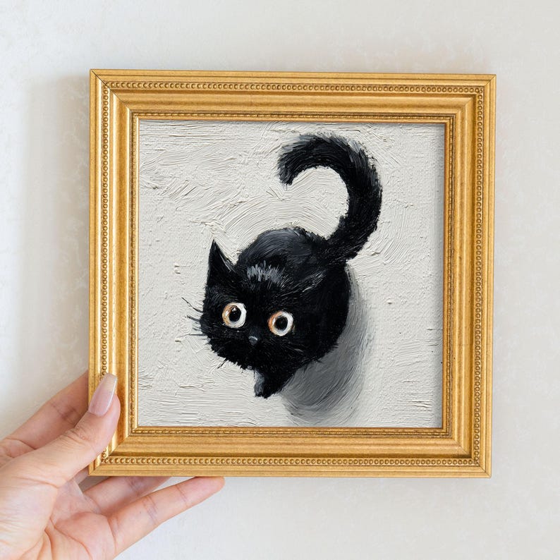 Mini Black Cat Oil Painting in Gold Frame: Quirky Home Decor