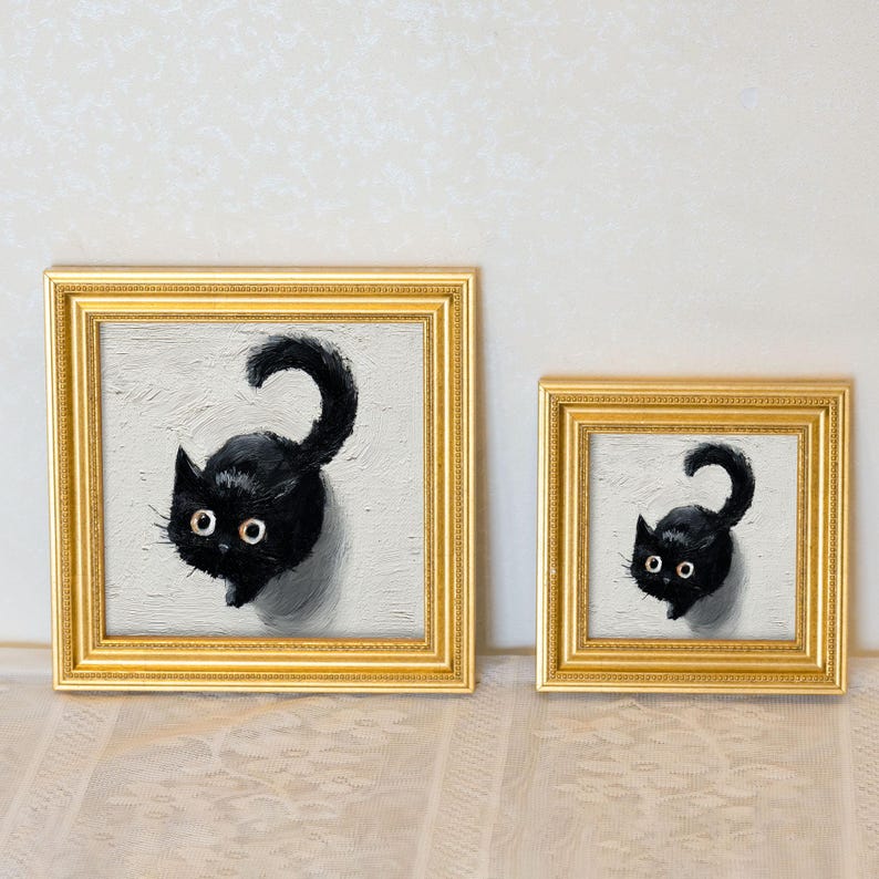 Mini Black Cat Oil Painting in Gold Frame: Quirky Home Decor