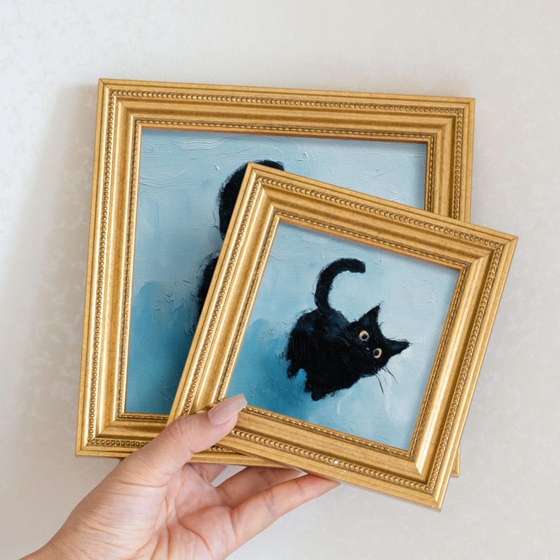Mini Black Cat Oil Painting in Gold Frame: Quirky Home Decor