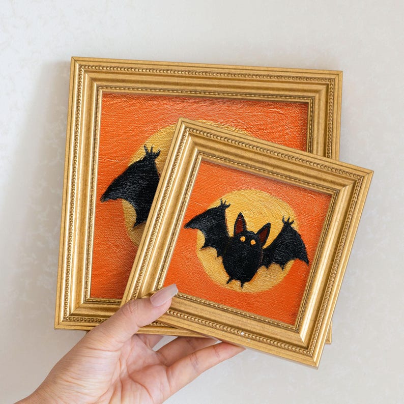 Hand-Painted Halloween Oil Painting of Bat, Spooky Cute Wall Art, Funny Miniature Gold Frame, Gothic Halloween Decor, Gift for Him or Her
