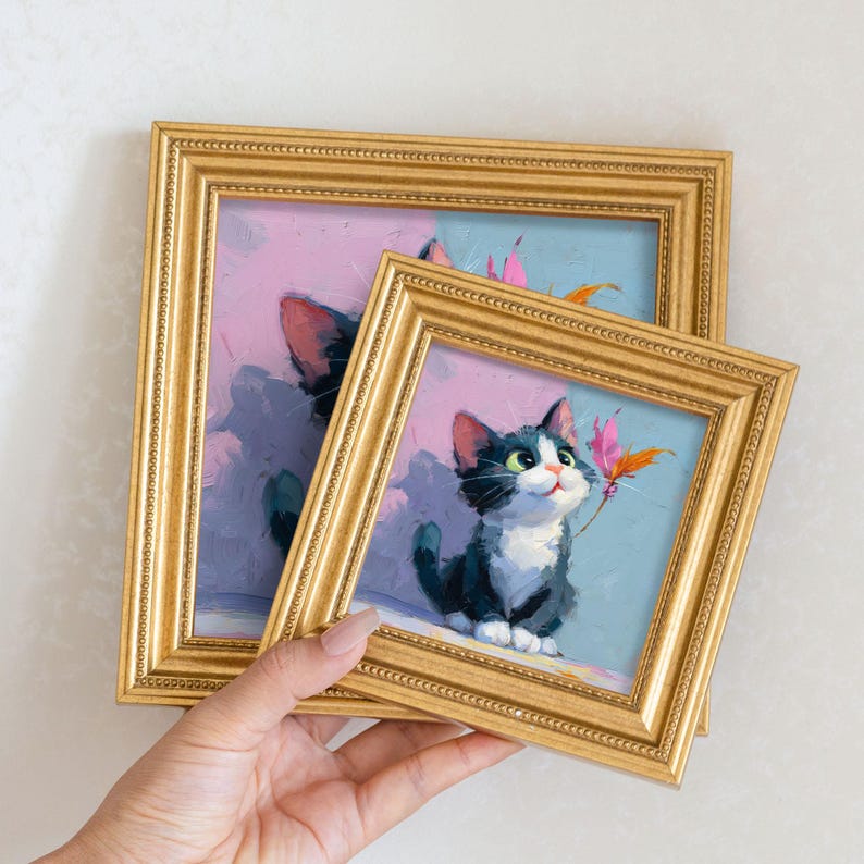 Miniature Kitty Oil Painting: Cat Portrait with Butterfly in Golden Frame