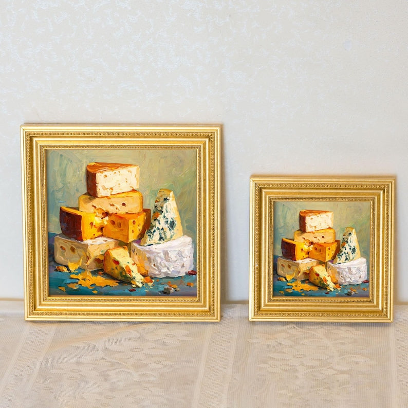 Mini Cheese Still Life Oil Painting: Rustic Kitchen Art in Golden Frame