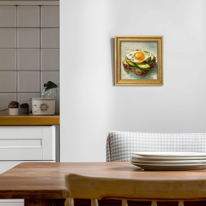 Mini Avocado Toast Oil Painting: Golden Framed Kitchen Decor