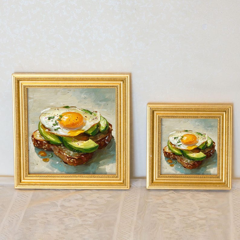 Mini Avocado Toast Oil Painting: Golden Framed Kitchen Decor
