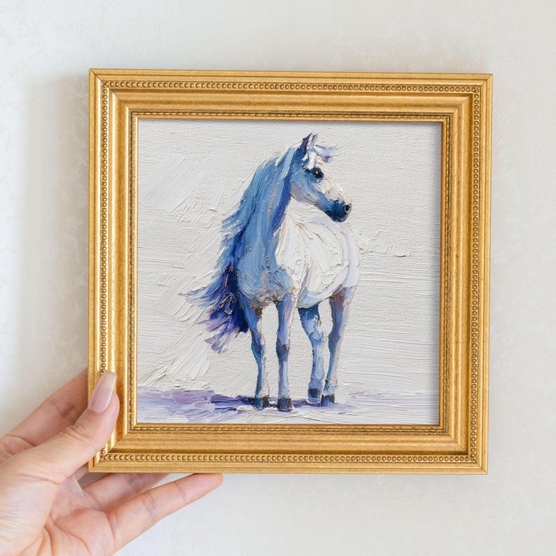 Miniature White Horse Oil Painting - Golden Beaded Frame - Animal Portrait