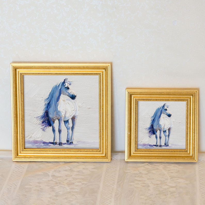 Miniature White Horse Oil Painting - Golden Beaded Frame - Animal Portrait