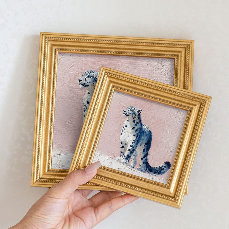Mini Snow Leopard Oil Painting: Golden Beaded Frame, Hand-Painted Animal Portrait