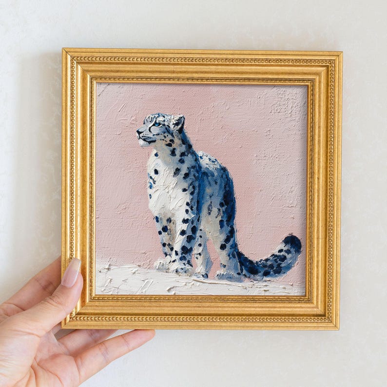 Mini Snow Leopard Oil Painting: Golden Beaded Frame, Hand-Painted Animal Portrait