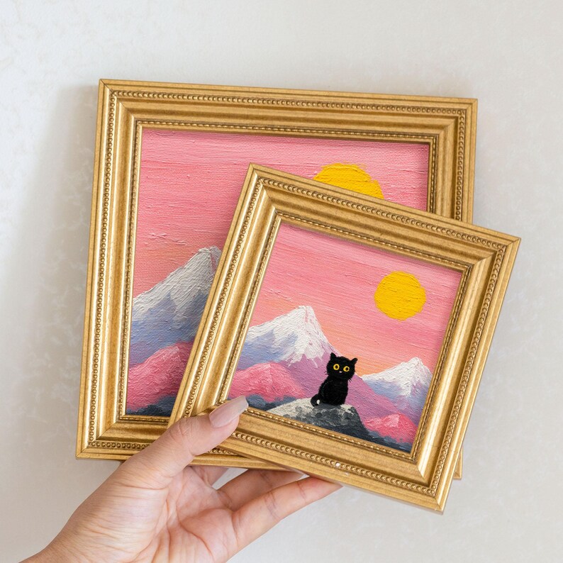 Mini Black Cat Oil Painting: Mystical Kitty Portrait in Golden Frame