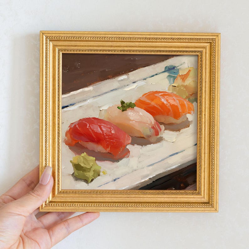 Mini Sushi Plate Oil Painting: Gourmet Kitchen Art, Gold Frame