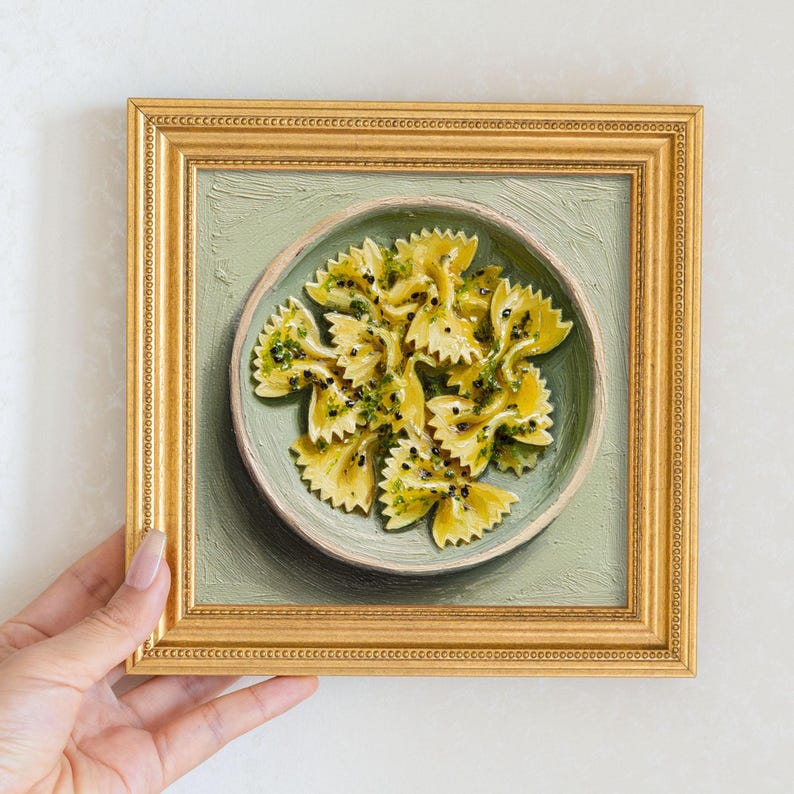 Miniature Farfalle Pasta Oil Painting in Gold Frame: Italian Kitchen Art