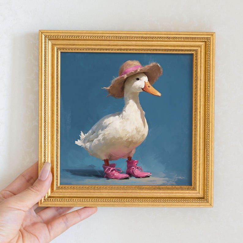 Mini Goose Oil Painting in Gold Frame: Hand-Painted Nursery Wall Art
