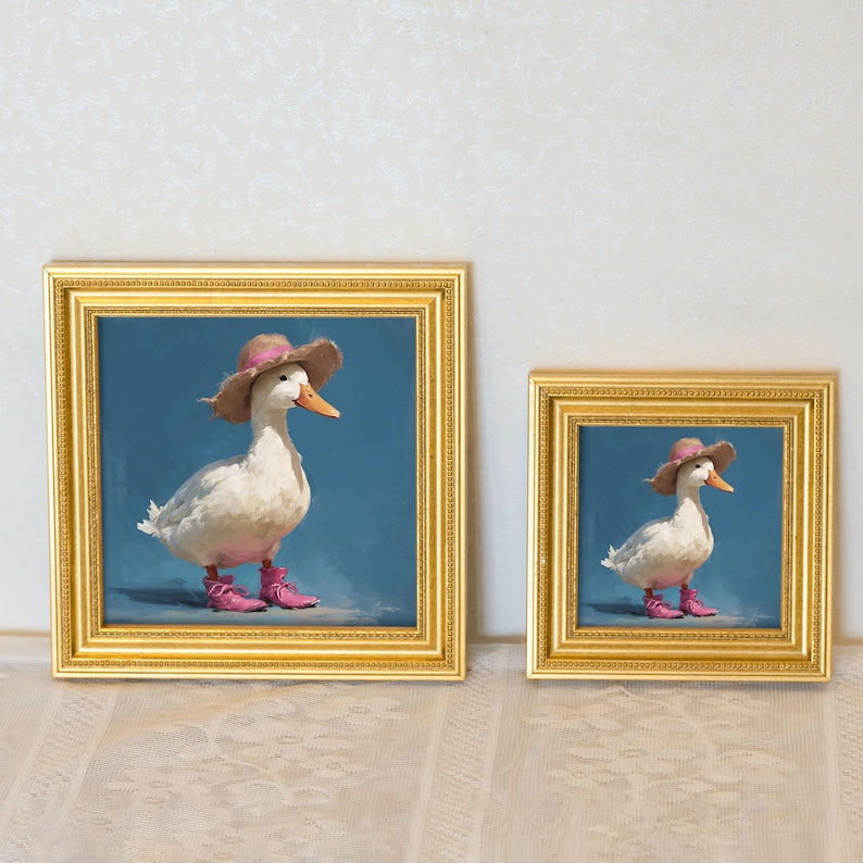 Mini Goose Oil Painting in Gold Frame: Hand-Painted Nursery Wall Art