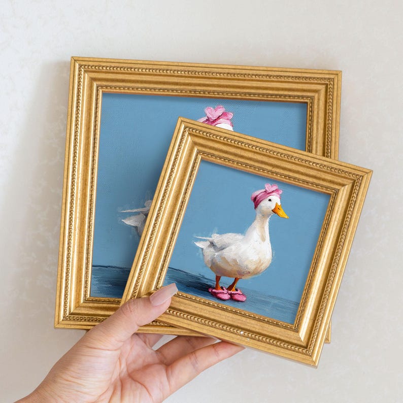 Mini Goose Oil Painting in Gold Frame: Hand-Painted Nursery Wall Art