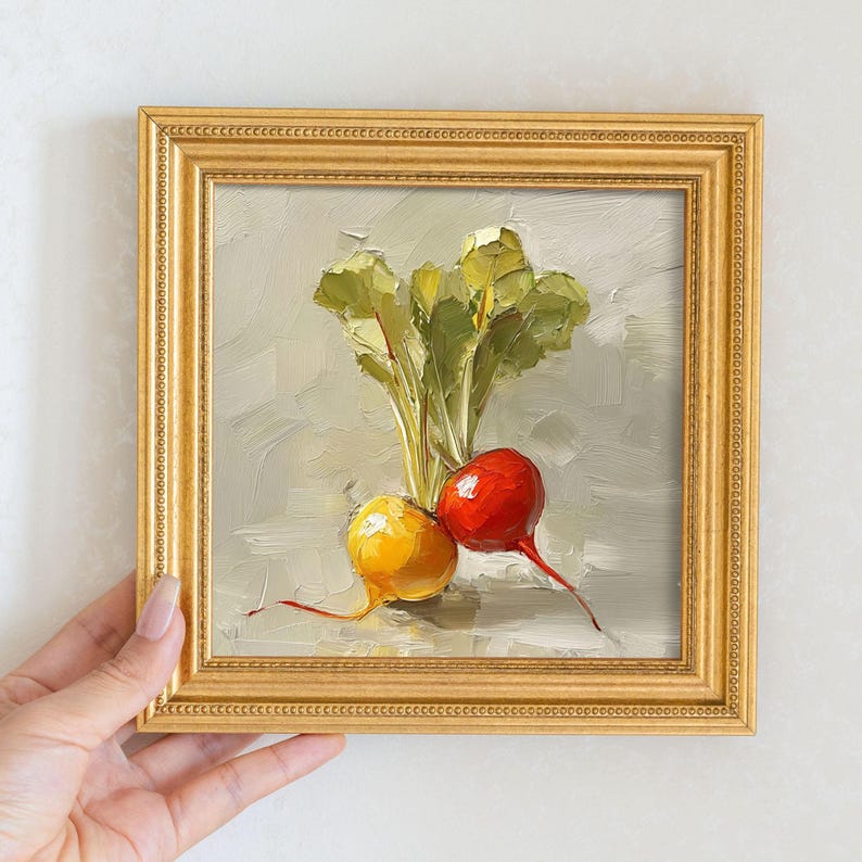 Still Life Radish Oil Painting : Rustic Kitchen Wall Art Decor, 5X5 Canvas Artwork