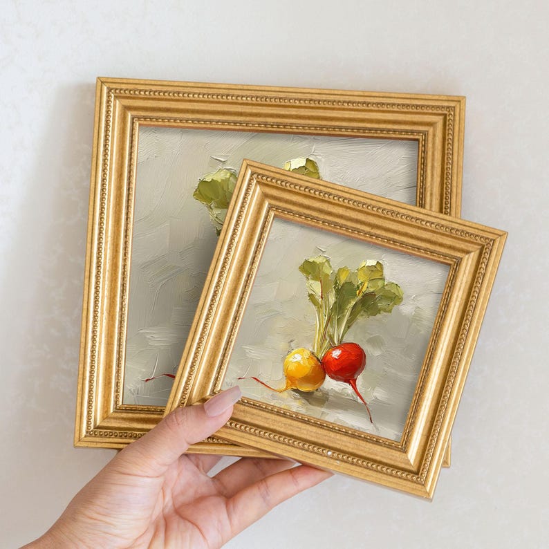 Still Life Radish Oil Painting : Rustic Kitchen Wall Art Decor, 5X5 Canvas Artwork