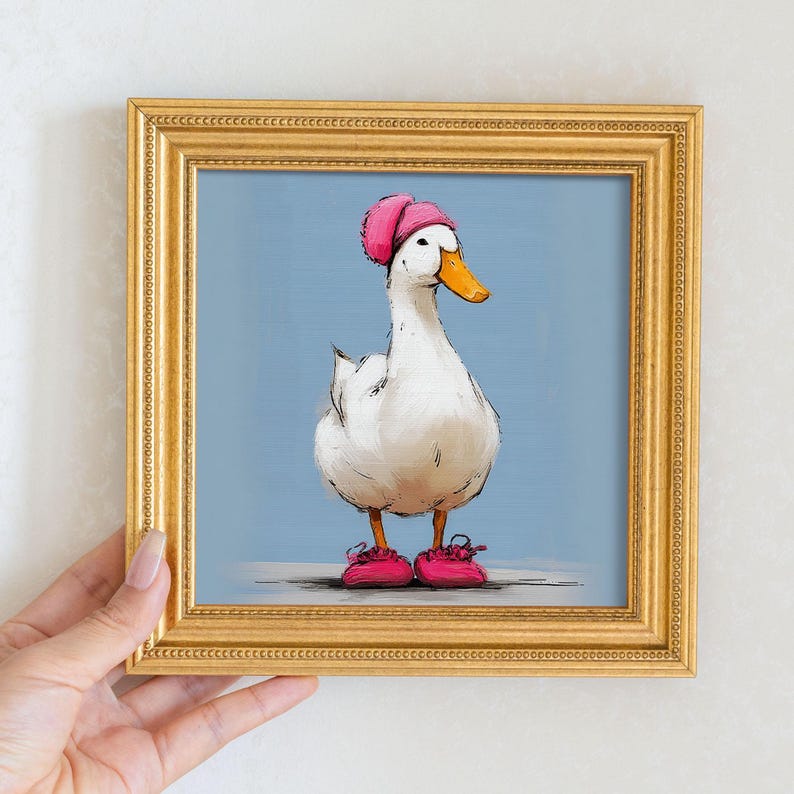 Mini Goose Oil Painting in Gold Frame: Hand-Painted Nursery Wall Art
