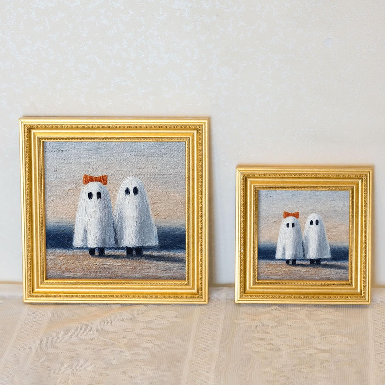 Hand-Painted Oil Painting of Couple Ghosts , Mini Spooky Wall Art, Halloween Home Decor, Gift for Couples, Whimsical Miniature Gold Frame