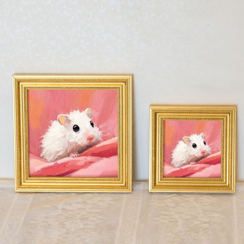 Mini Oil Painting of White Hamster, Small Golden Beaded Frame Cute Pet Wall Art Decor, Hand-Painted Animal Artwork, Gift For Hamster Lovers